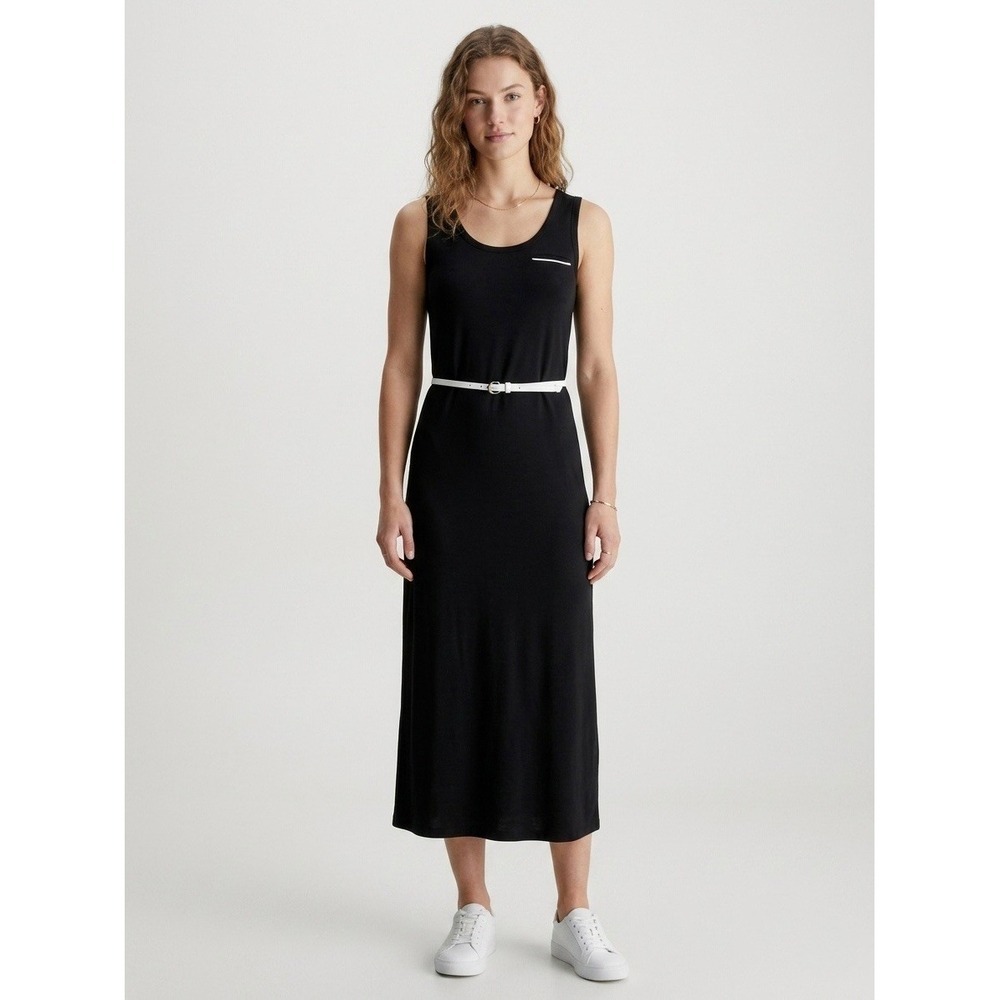 Calvin Klein Womens Black Sleeveless Maxi Dress with White Belt Size 8